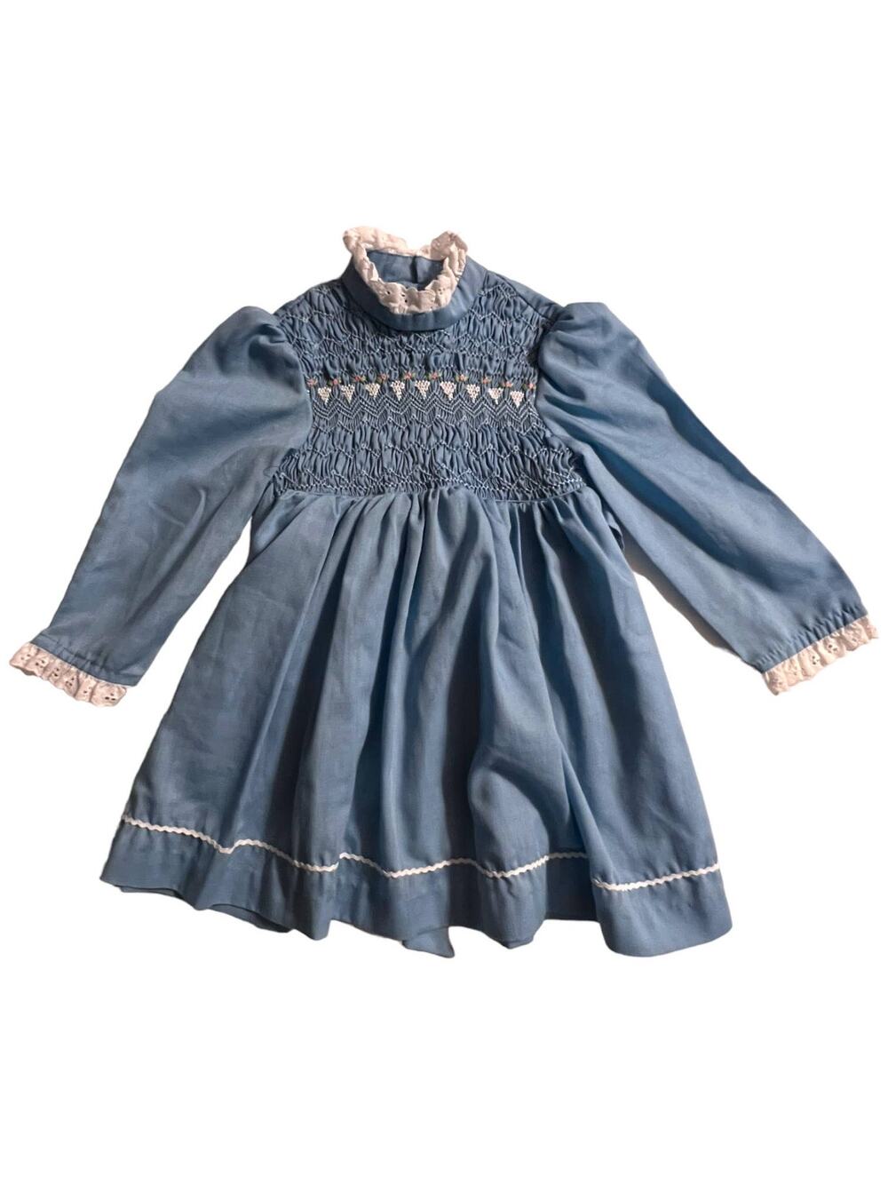 Vintage 80s Baby Blue Dress with Embroidered Front & Lace Detail